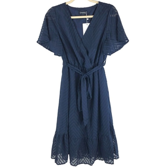 Bloomchic Plus Size Plain Geometric Pocket Mesh Ruffle Sleeve Belted Wrap Dress - Picture 7 of 7